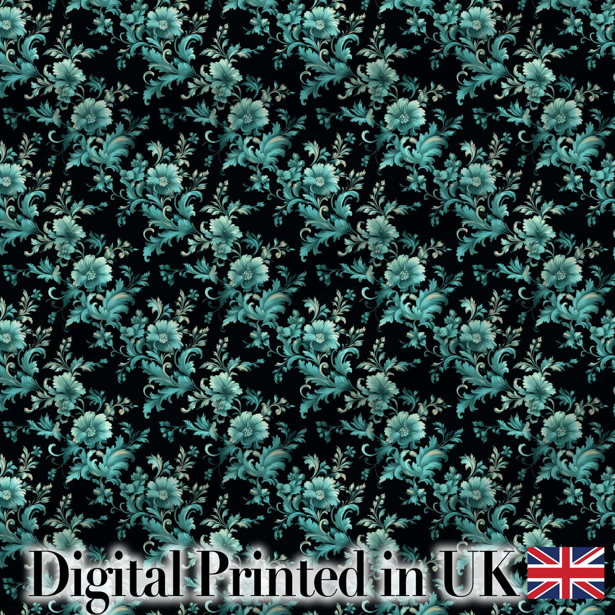 Dark Teal Floral Damask Pattern with Ornate Botanical Details Seamless Design Digital Print Fabric by the Metre UK Sewing Quilting Textile