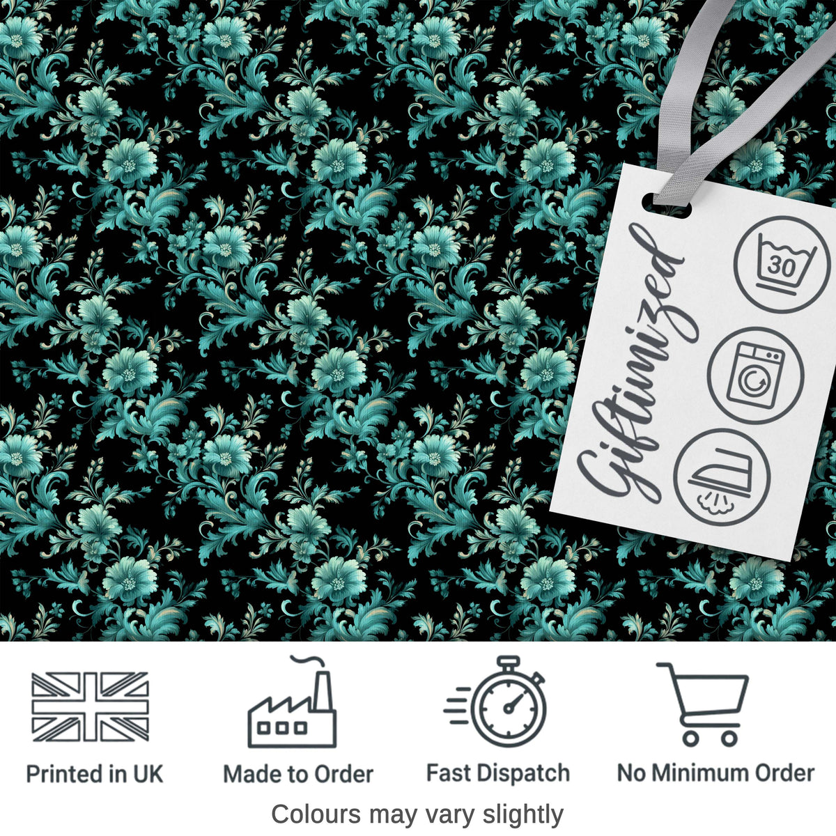 Dark Teal Floral Damask Pattern with Ornate Botanical Details Seamless Design Digital Print Fabric by the Metre UK Sewing Quilting Textile