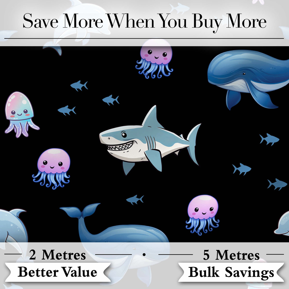 Cute Dolphin Shark and Jellyfish Ocean Animals Black Background Seamless Digital Print Fabric by the Metre UK Sewing Quilting Textile