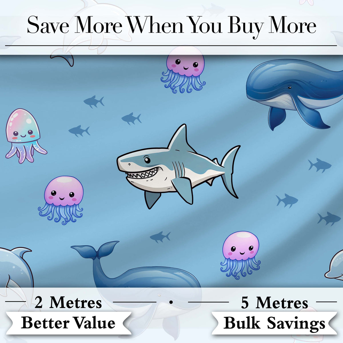 Cute Dolphin Shark and Jellyfish Ocean Animals Blue Background Seamless Pattern Digital Print Fabric by the Metre UK Sewing Quilting Textile