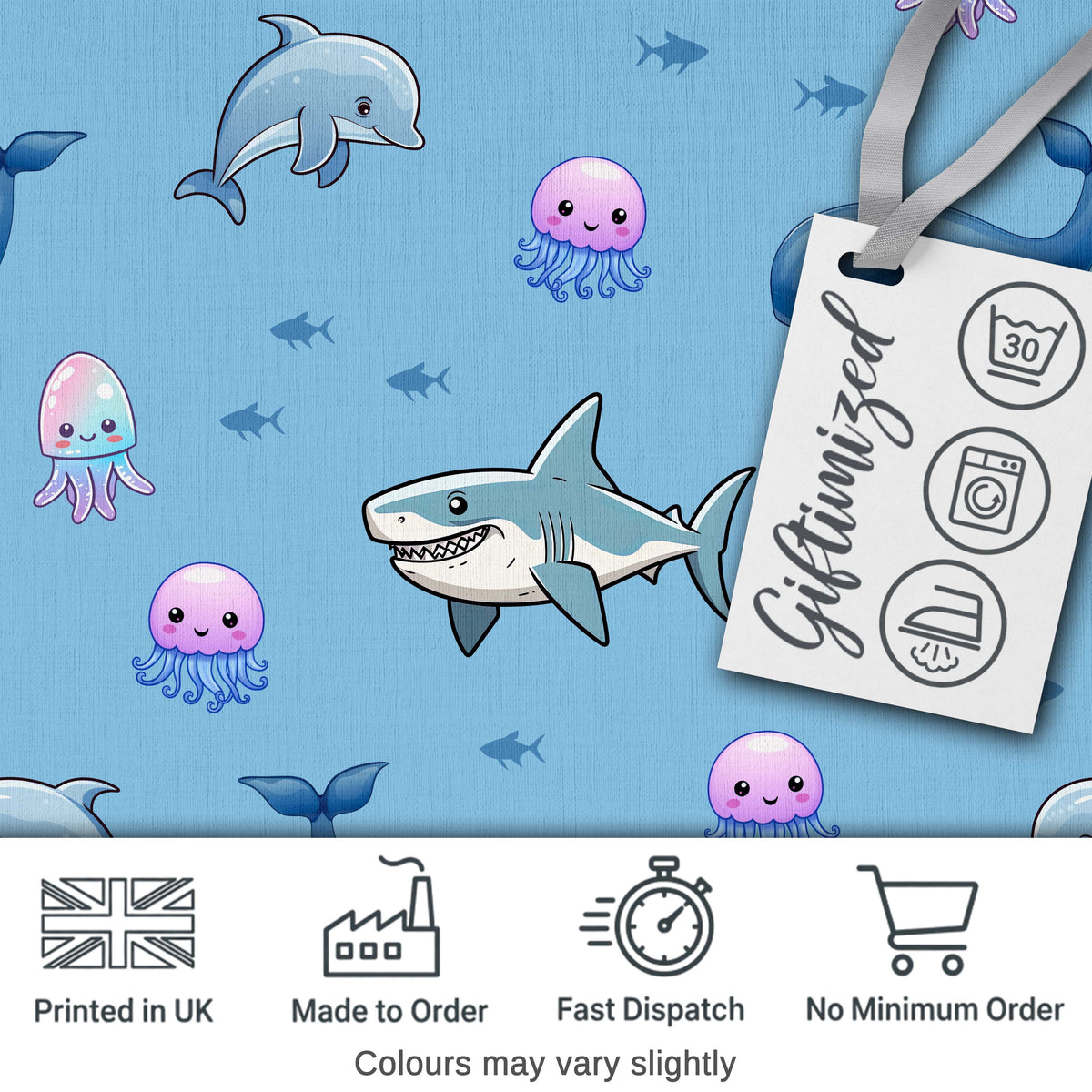 Cute Dolphin Shark and Jellyfish Ocean Animals Blue Background Seamless Pattern Digital Print Fabric by the Metre UK Sewing Quilting Textile
