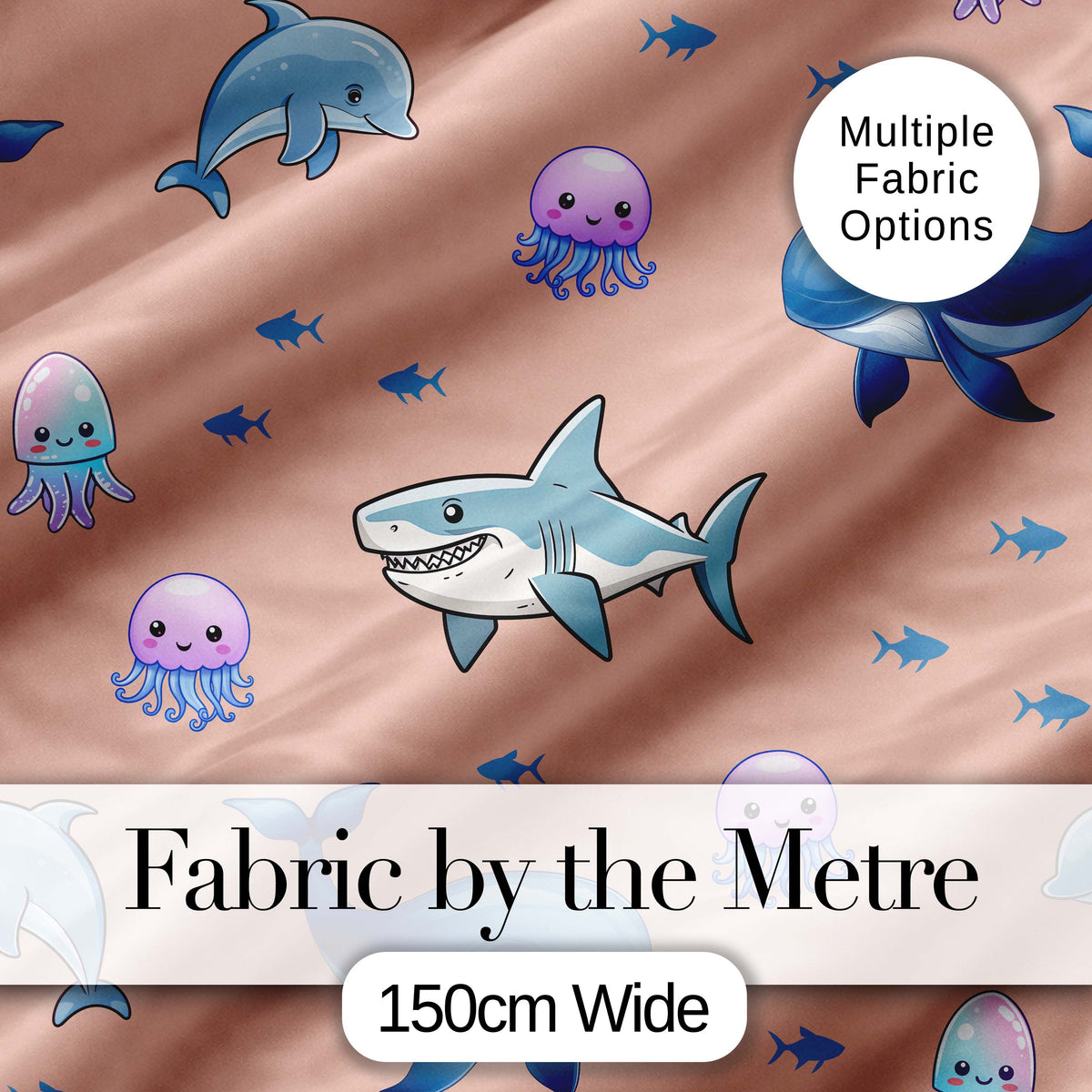 Cute Dolphin Shark and Jellyfish Ocean Animals Peach Background Seamless Digital Print Fabric by the Metre UK Sewing Quilting Textile
