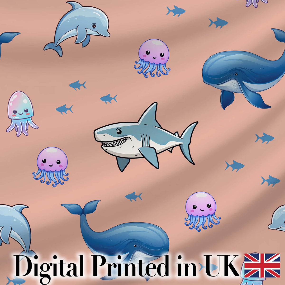Cute Dolphin Shark and Jellyfish Ocean Animals Peach Background Seamless Digital Print Fabric by the Metre UK Sewing Quilting Textile