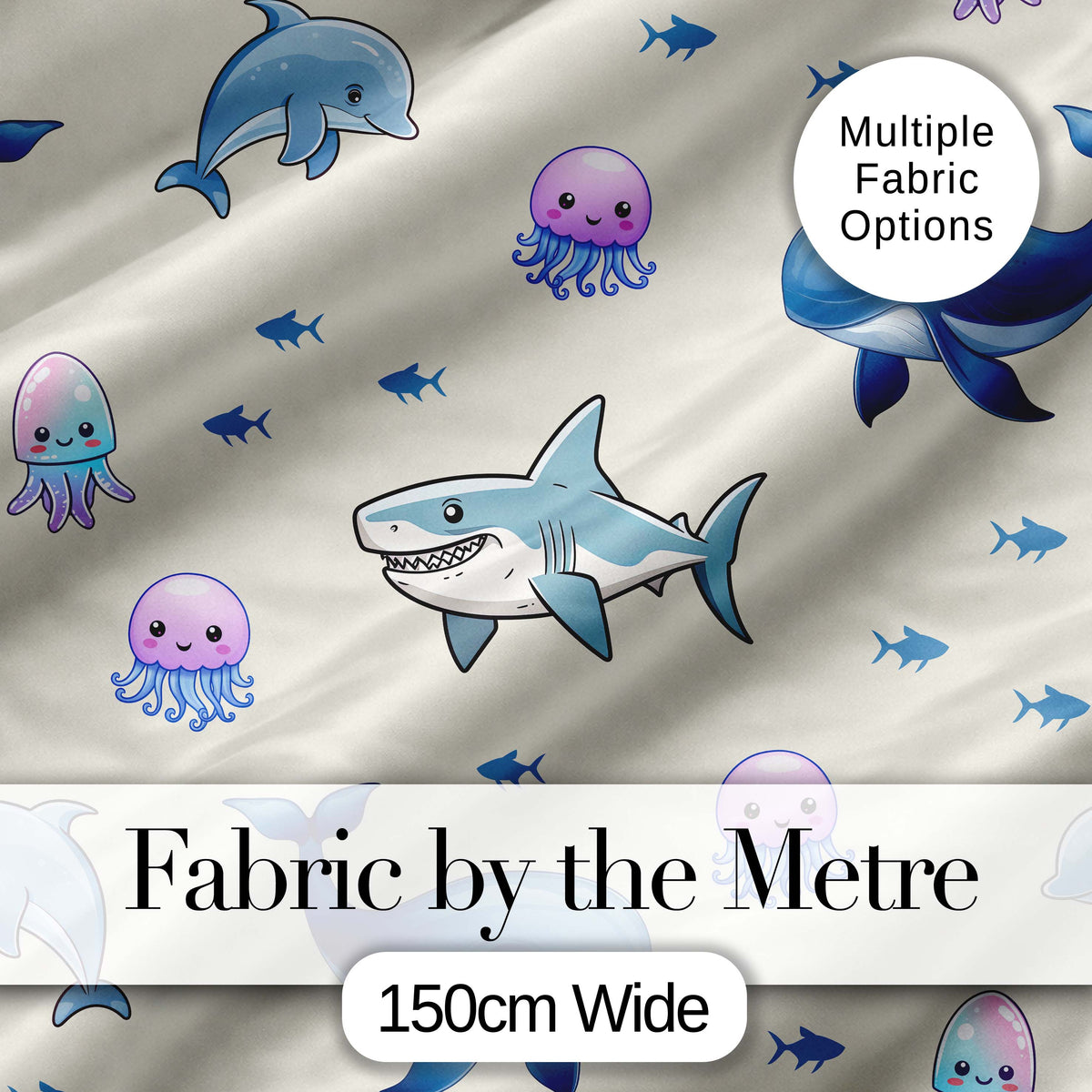 Cute Dolphin Shark and Jellyfish Ocean Animals Neutral Beige Background Digital Print Fabric by the Metre UK Sewing Quilting Textile