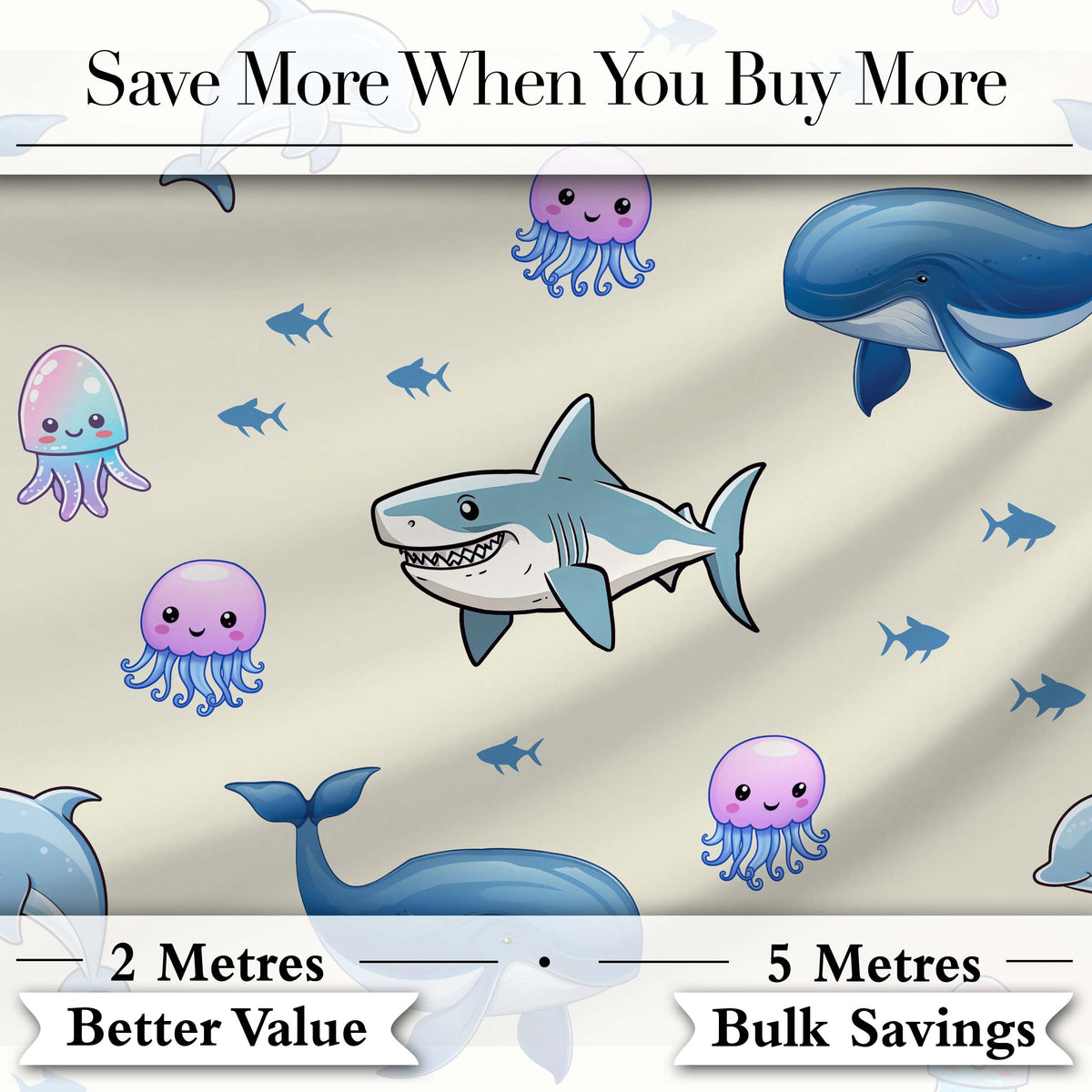 Cute Dolphin Shark and Jellyfish Ocean Animals Neutral Beige Background Digital Print Fabric by the Metre UK Sewing Quilting Textile