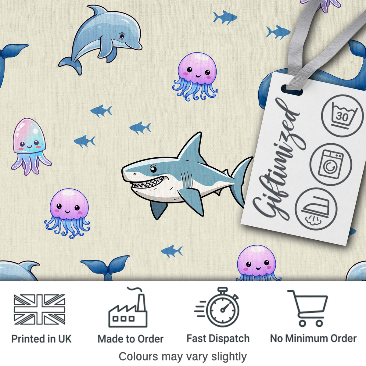 Cute Dolphin Shark and Jellyfish Ocean Animals Neutral Beige Background Digital Print Fabric by the Metre UK Sewing Quilting Textile