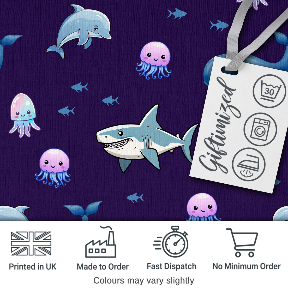 Cute Dolphin Shark and Jellyfish Ocean Animals Purple Background Digital Print Fabric by the Metre UK Sewing Quilting Textile