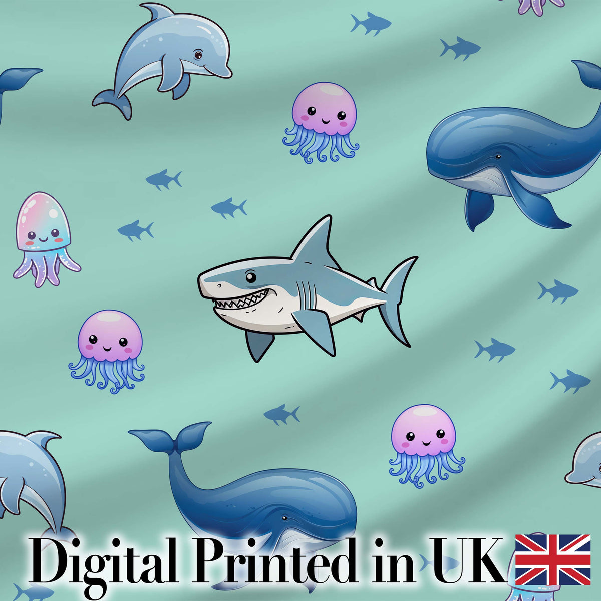 Cute Dolphin Shark and Jellyfish Ocean Animals Mint Green Background Digital Print Fabric by the Metre UK Sewing Quilting Textile