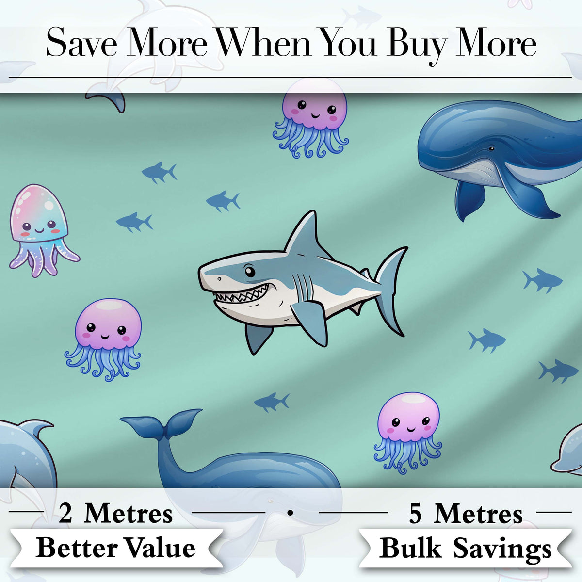 Cute Dolphin Shark and Jellyfish Ocean Animals Mint Green Background Digital Print Fabric by the Metre UK Sewing Quilting Textile
