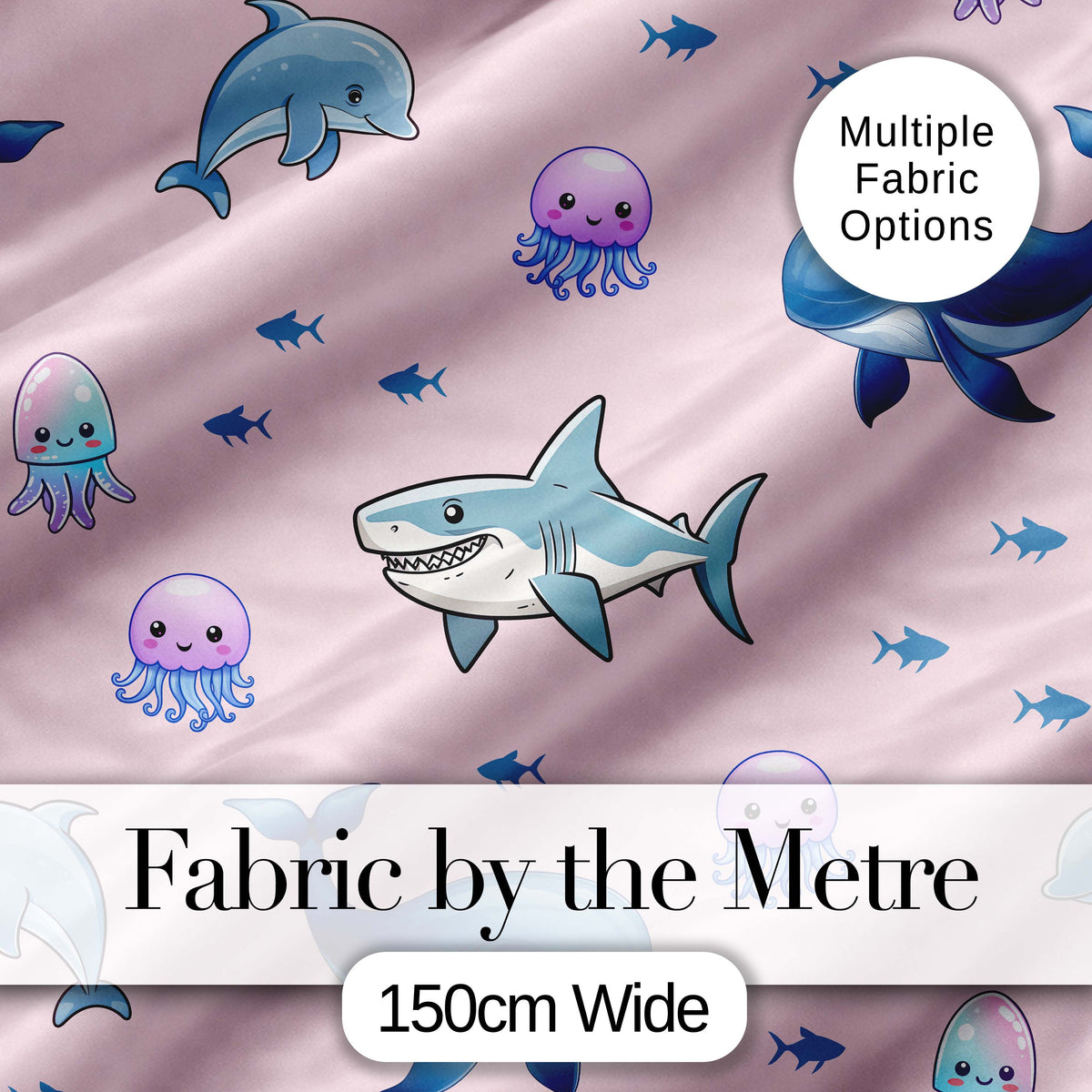 Cute Dolphin Shark and Jellyfish Ocean Animals Soft Pink Background Digital Print Fabric by the Metre UK Sewing Quilting Textile