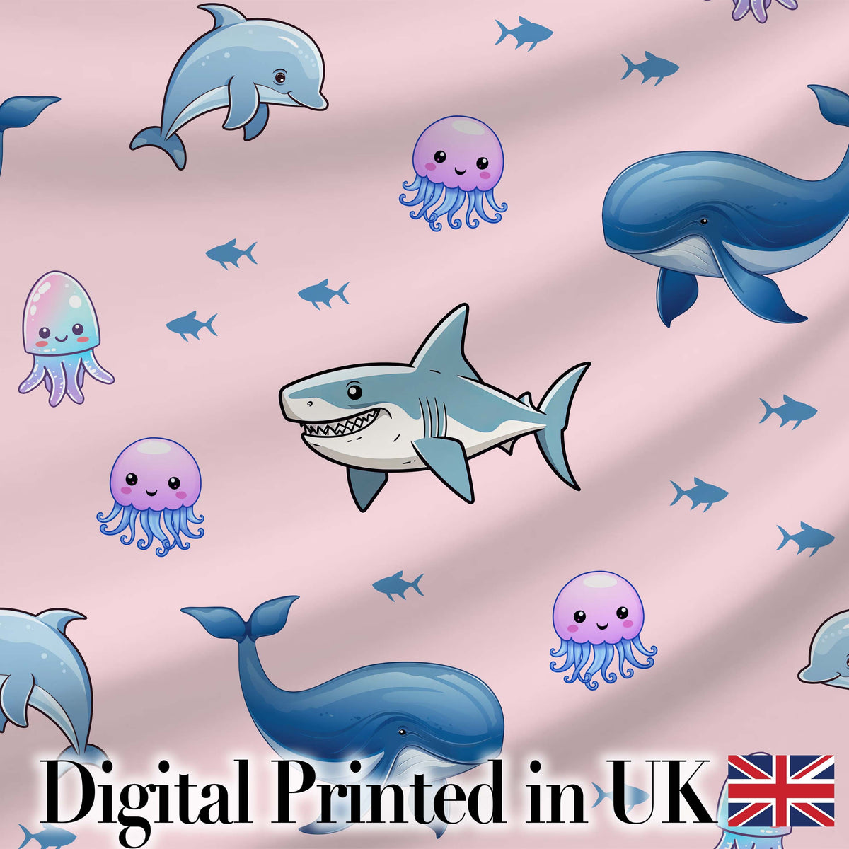 Cute Dolphin Shark and Jellyfish Ocean Animals Soft Pink Background Digital Print Fabric by the Metre UK Sewing Quilting Textile
