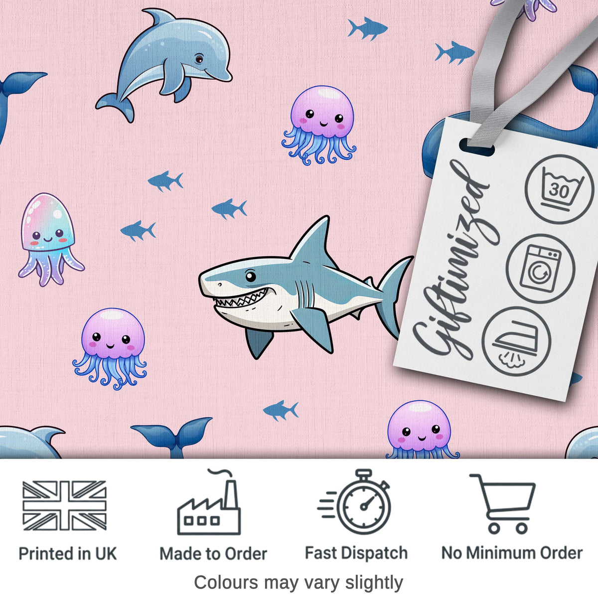 Cute Dolphin Shark and Jellyfish Ocean Animals Soft Pink Background Digital Print Fabric by the Metre UK Sewing Quilting Textile