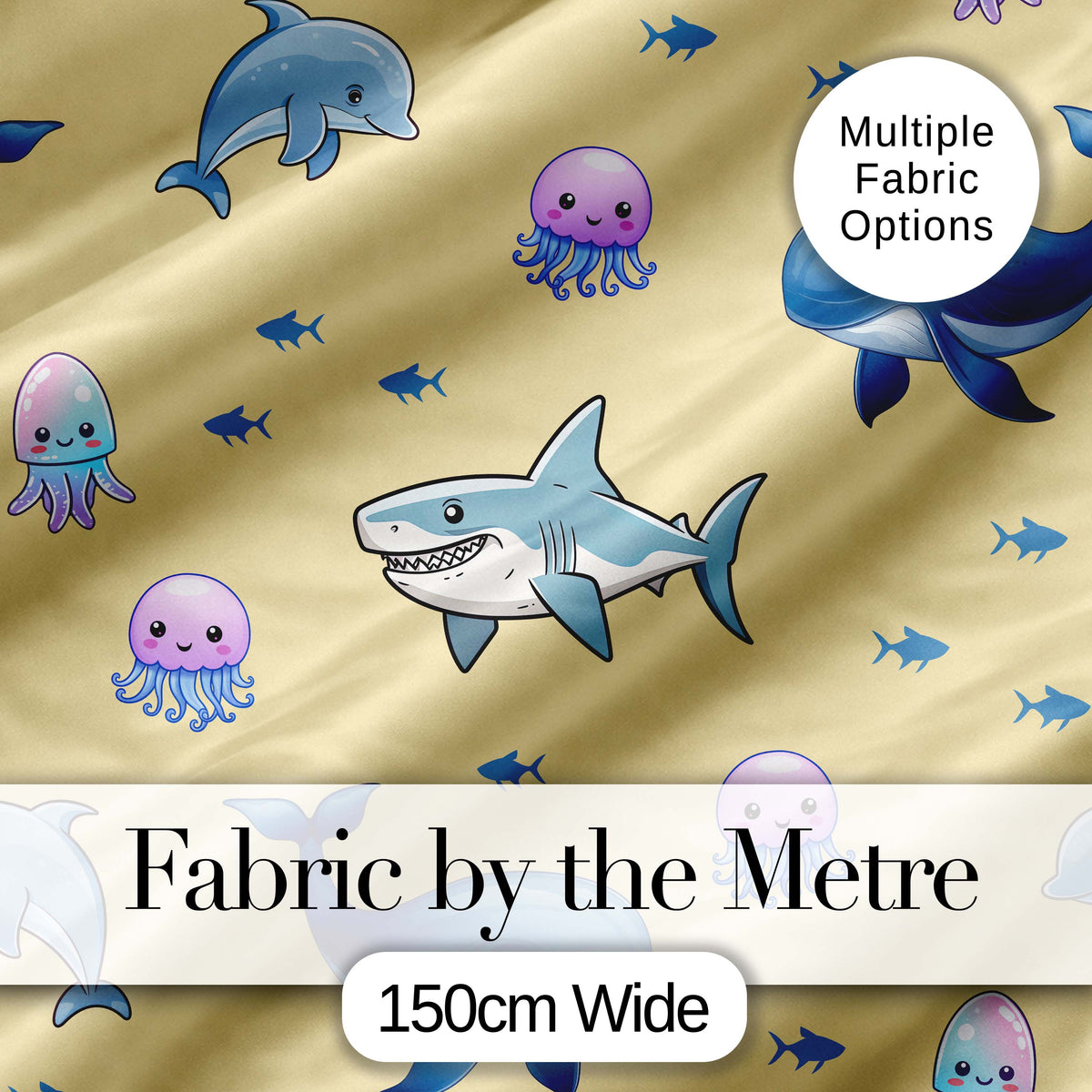 Cute Dolphin Shark and Jellyfish Ocean Animals Warm Yellow Background Digital Print Fabric by the Metre UK Sewing Quilting Textile