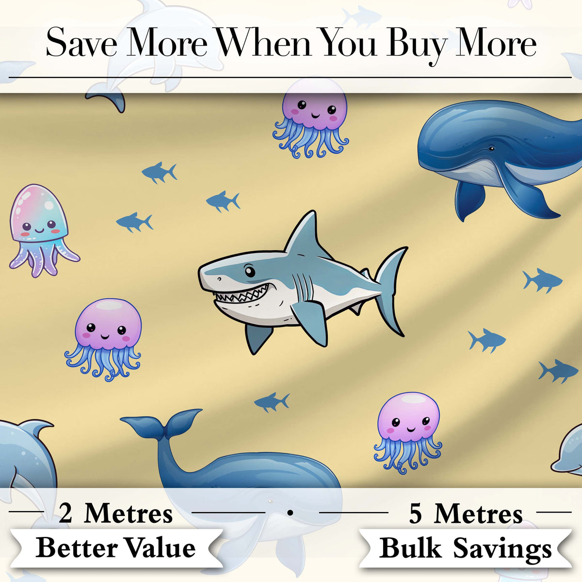 Cute Dolphin Shark and Jellyfish Ocean Animals Warm Yellow Background Digital Print Fabric by the Metre UK Sewing Quilting Textile