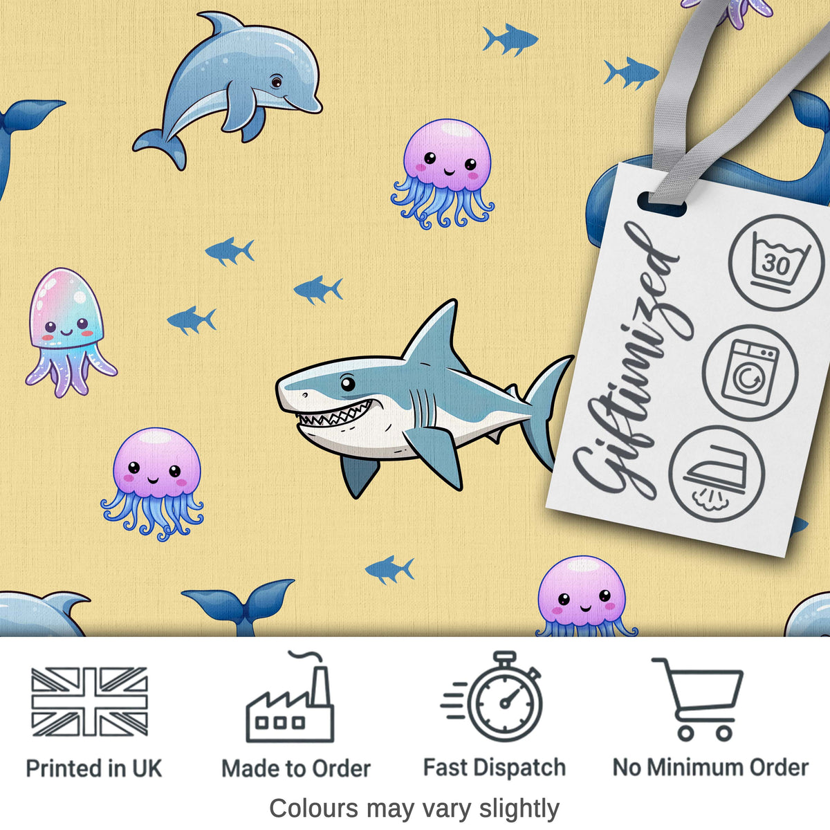 Cute Dolphin Shark and Jellyfish Ocean Animals Warm Yellow Background Digital Print Fabric by the Metre UK Sewing Quilting Textile