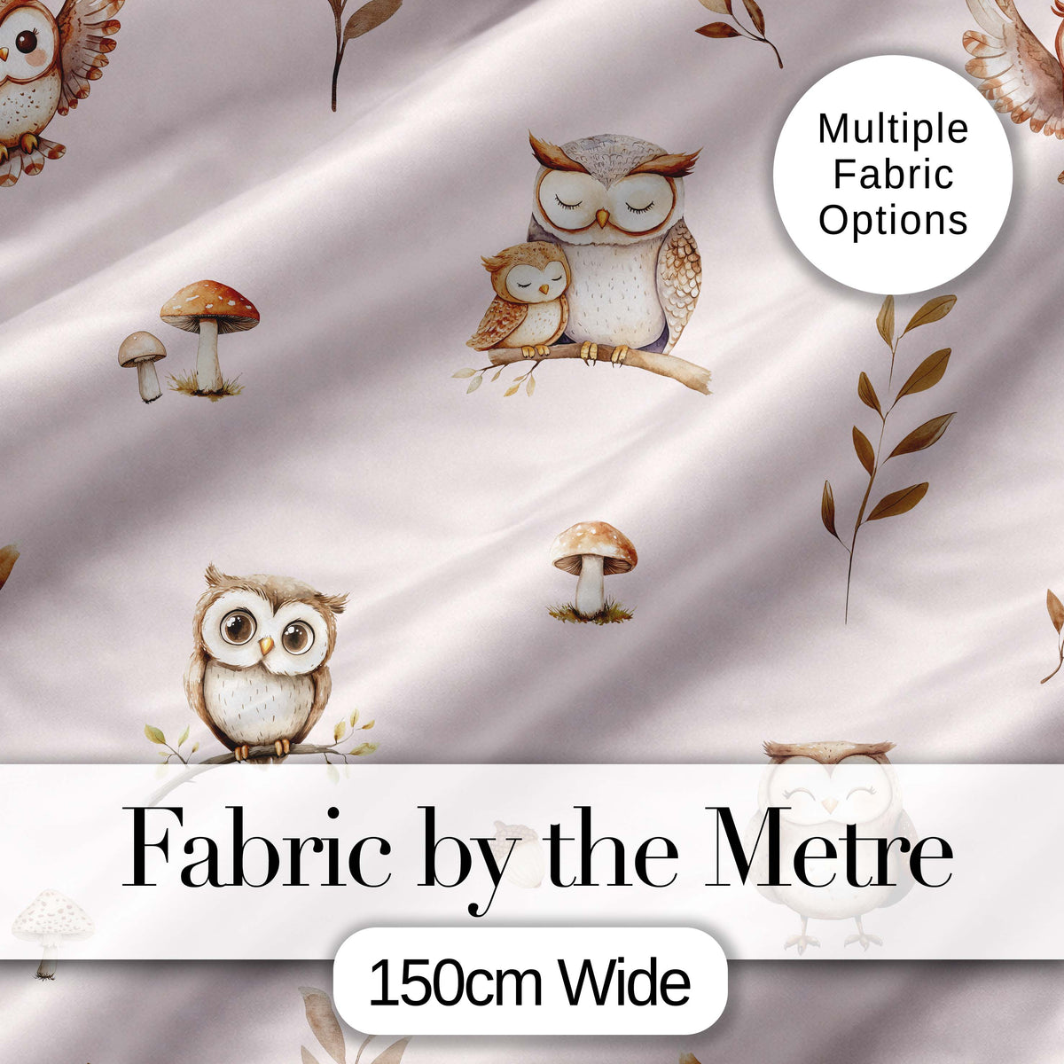 Cute Woodland Owls Mushrooms and Leaves Soft Blush Background Seamless Pattern Digital Print Fabric by the Metre UK Sewing Quilting Textile