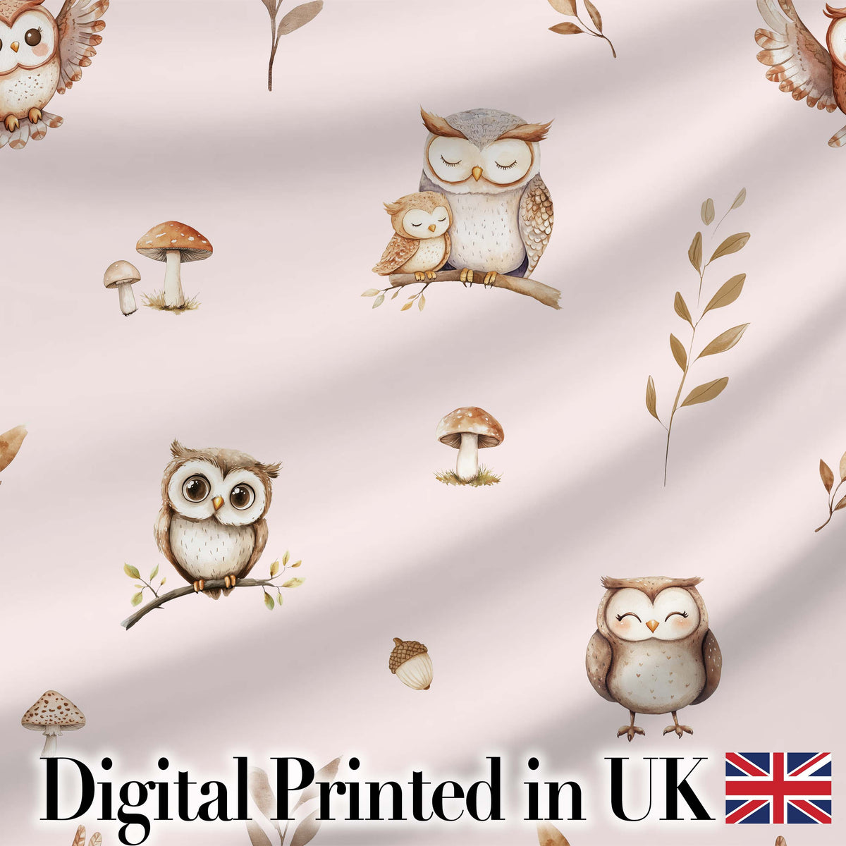Cute Woodland Owls Mushrooms and Leaves Soft Blush Background Seamless Pattern Digital Print Fabric by the Metre UK Sewing Quilting Textile