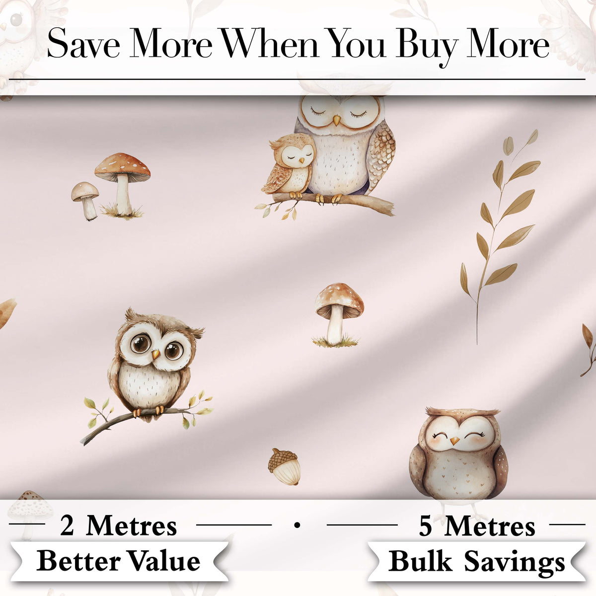 Cute Woodland Owls Mushrooms and Leaves Soft Blush Background Seamless Pattern Digital Print Fabric by the Metre UK Sewing Quilting Textile
