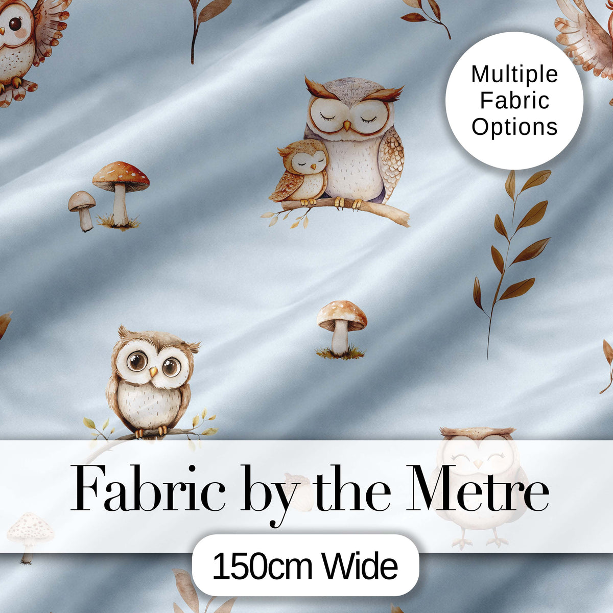 Cute Woodland Owls Mushrooms and Leaves Soft Blue Background Seamless Pattern Digital Print Fabric by the Metre UK Sewing Quilting Textile