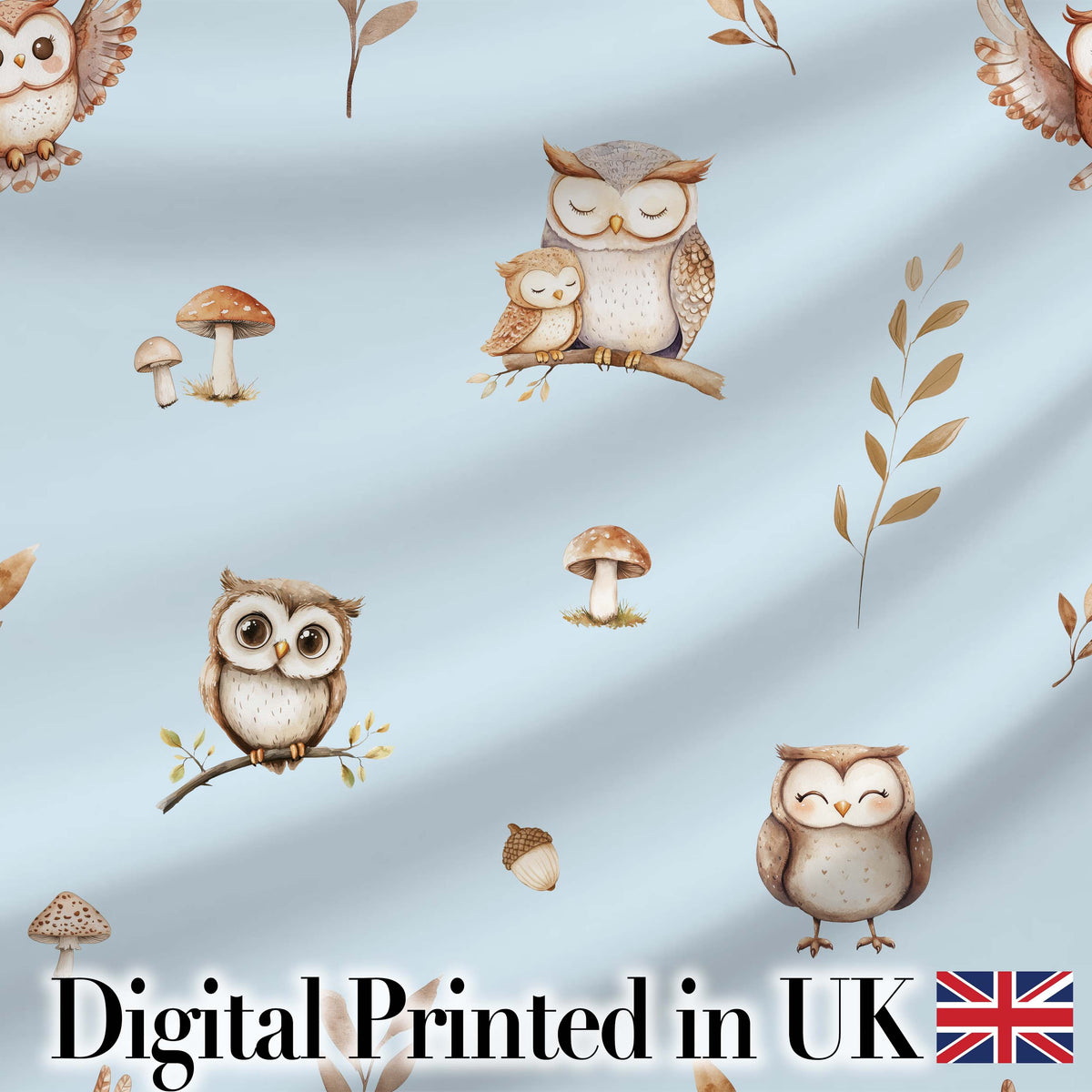 Cute Woodland Owls Mushrooms and Leaves Soft Blue Background Seamless Pattern Digital Print Fabric by the Metre UK Sewing Quilting Textile