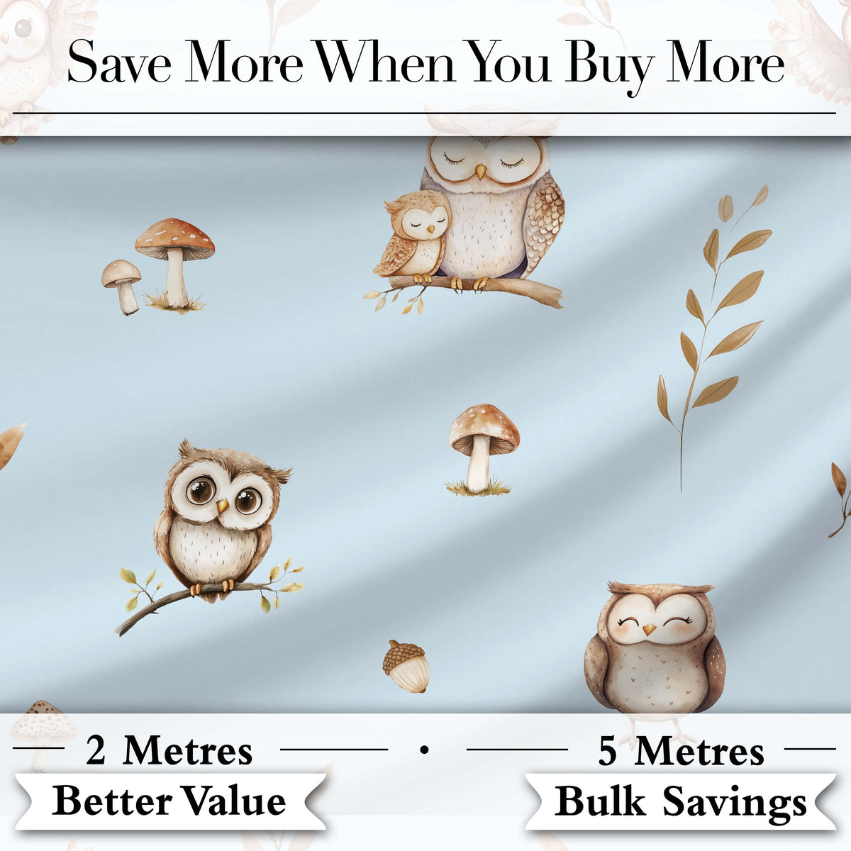 Cute Woodland Owls Mushrooms and Leaves Soft Blue Background Seamless Pattern Digital Print Fabric by the Metre UK Sewing Quilting Textile