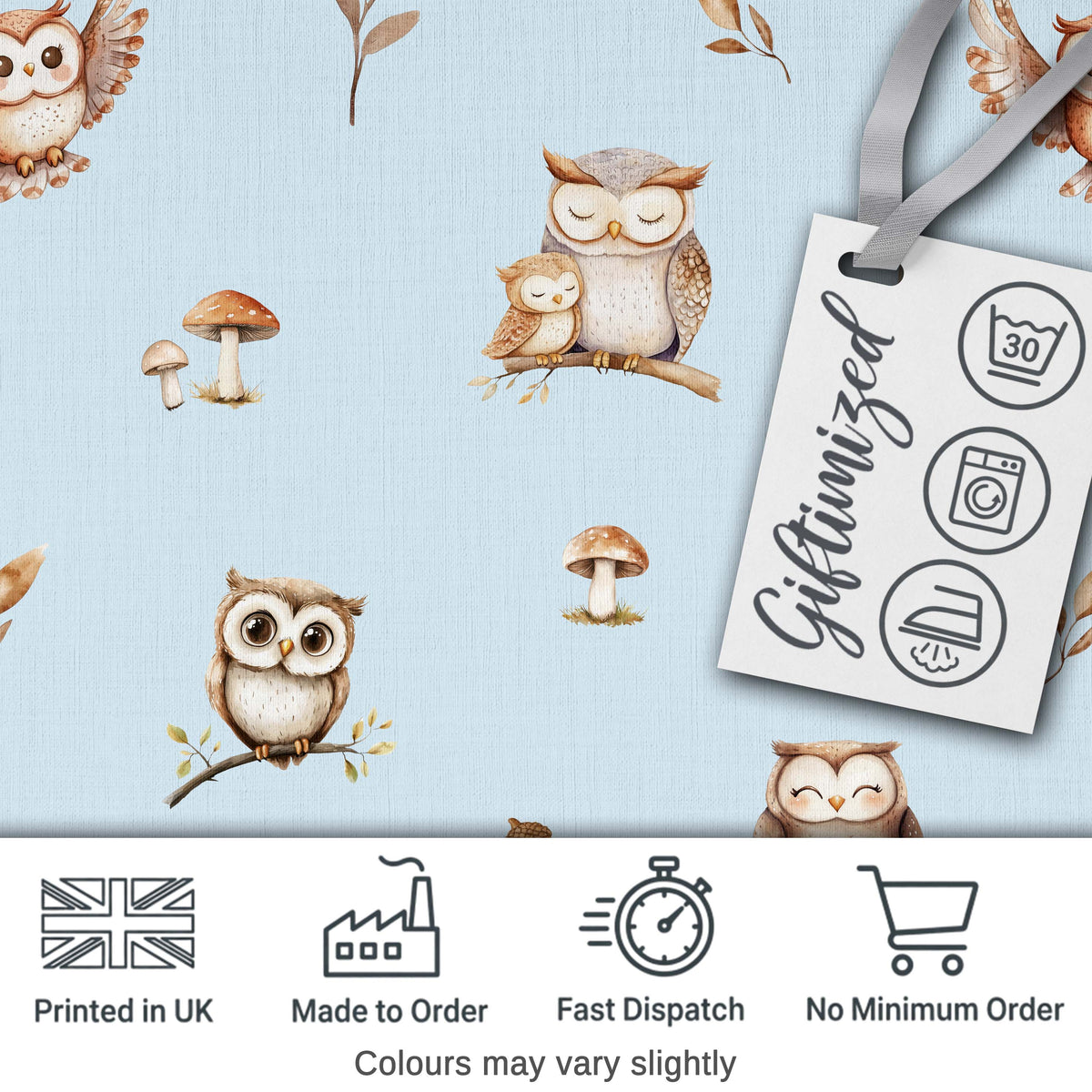 Cute Woodland Owls Mushrooms and Leaves Soft Blue Background Seamless Pattern Digital Print Fabric by the Metre UK Sewing Quilting Textile