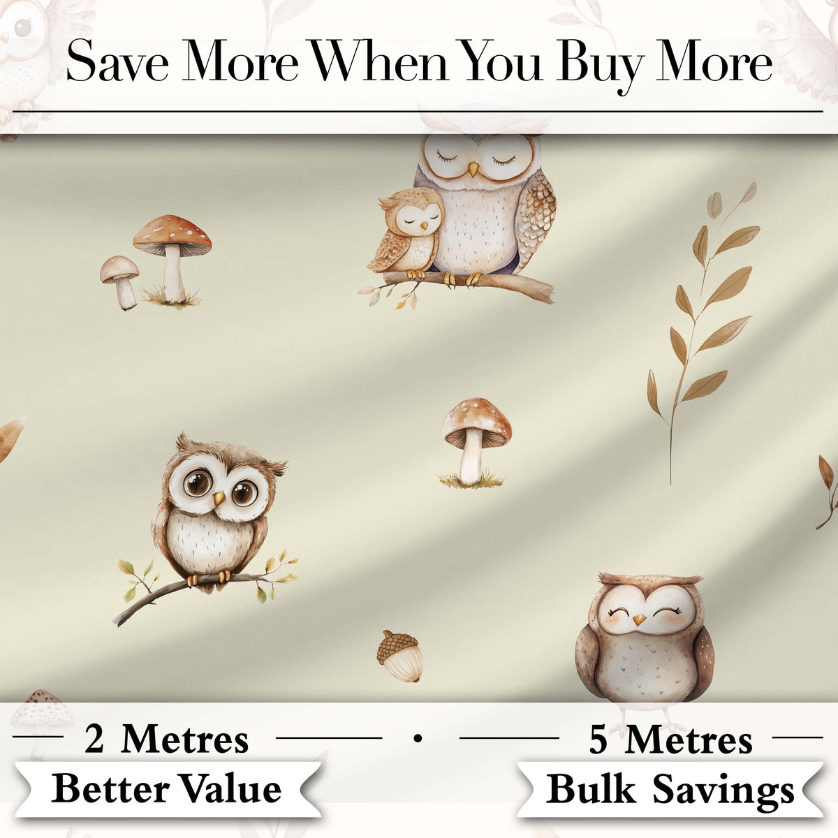 Cute Woodland Owls Mushrooms and Leaves Warm Beige Background Seamless Pattern Digital Print Fabric by the Metre UK Sewing Quilting Textile