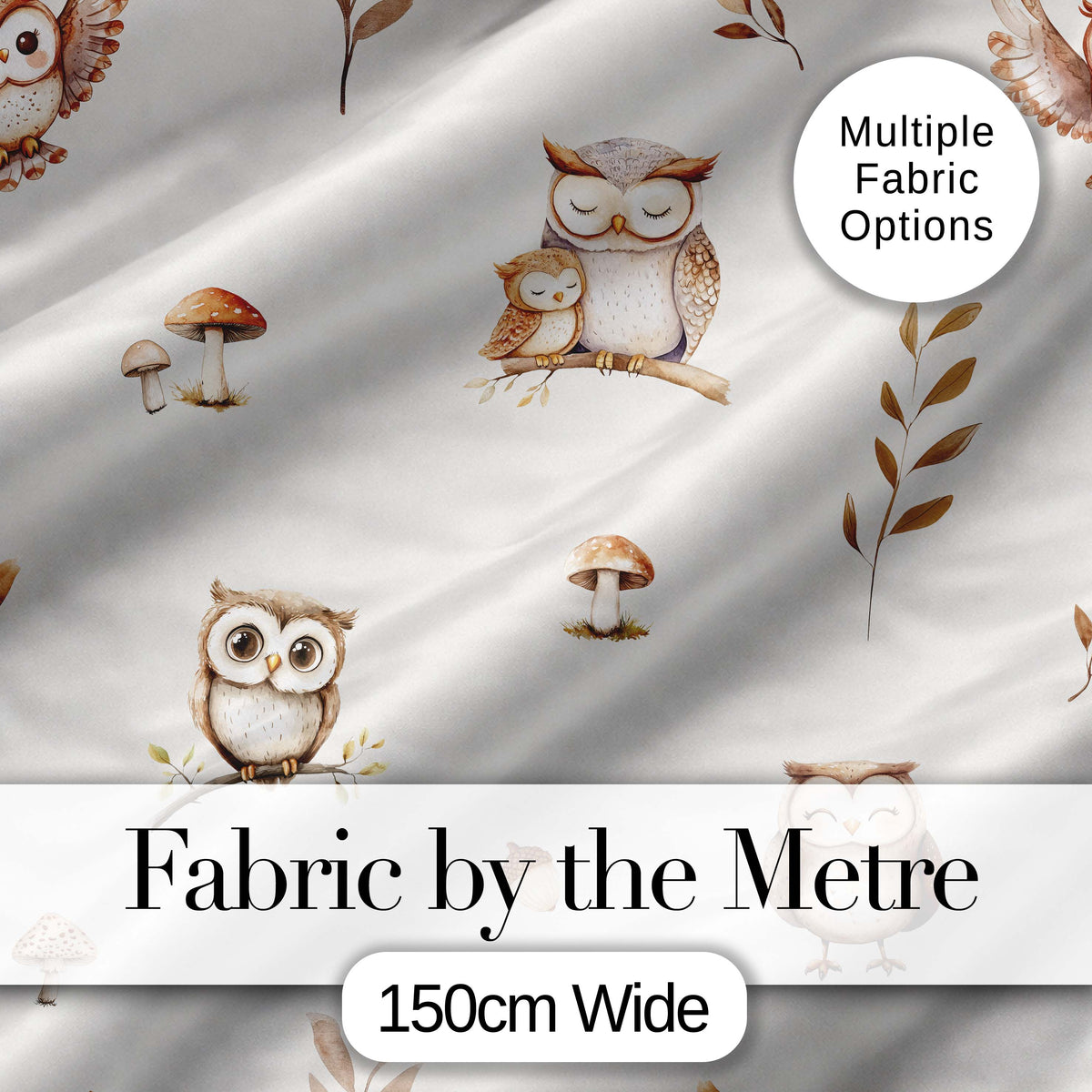 Cute Woodland Owls Mushrooms and Leaves Neutral Grey Background Seamless Digital Print Fabric by the Metre UK Sewing Quilting Textile