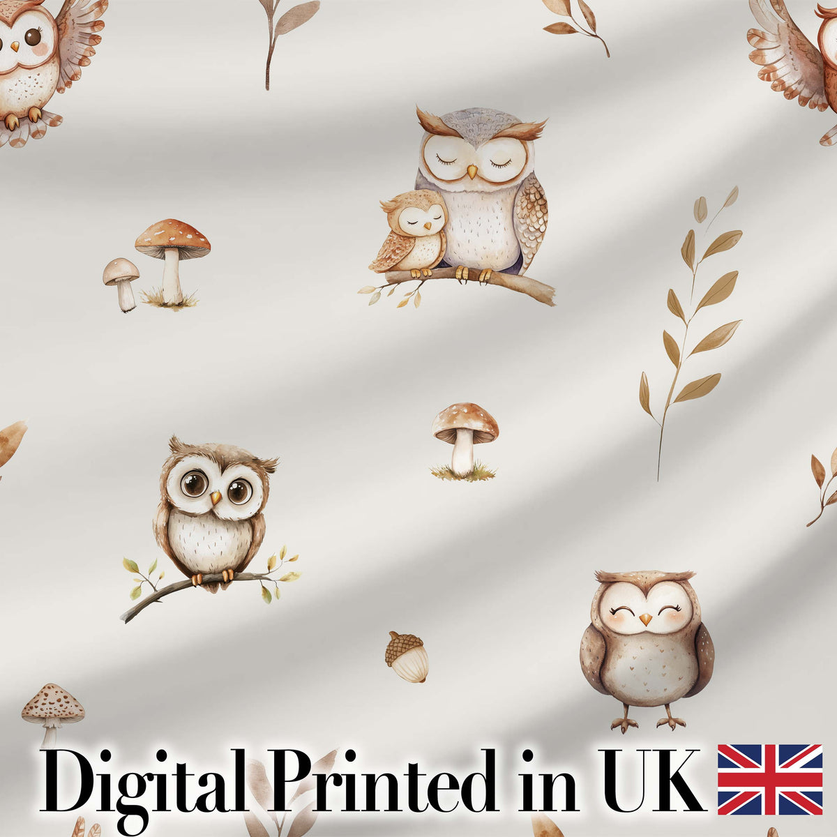 Cute Woodland Owls Mushrooms and Leaves Neutral Grey Background Seamless Digital Print Fabric by the Metre UK Sewing Quilting Textile