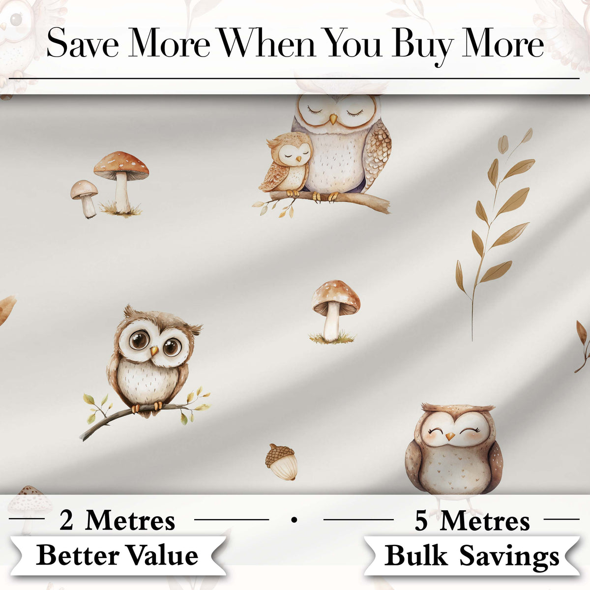 Cute Woodland Owls Mushrooms and Leaves Neutral Grey Background Seamless Digital Print Fabric by the Metre UK Sewing Quilting Textile