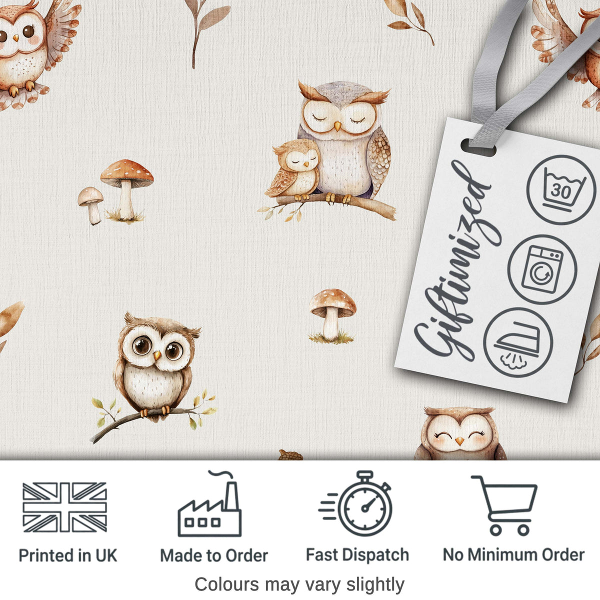 Cute Woodland Owls Mushrooms and Leaves Neutral Grey Background Seamless Digital Print Fabric by the Metre UK Sewing Quilting Textile