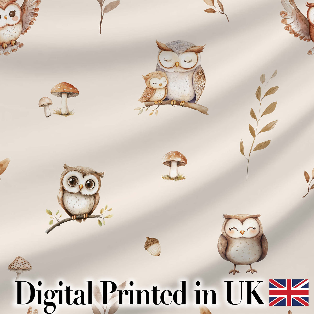 Cute Woodland Owls Mushrooms and Leaves Soft Cream Background Seamless Pattern Digital Print Fabric by the Metre UK Sewing Quilting Textile