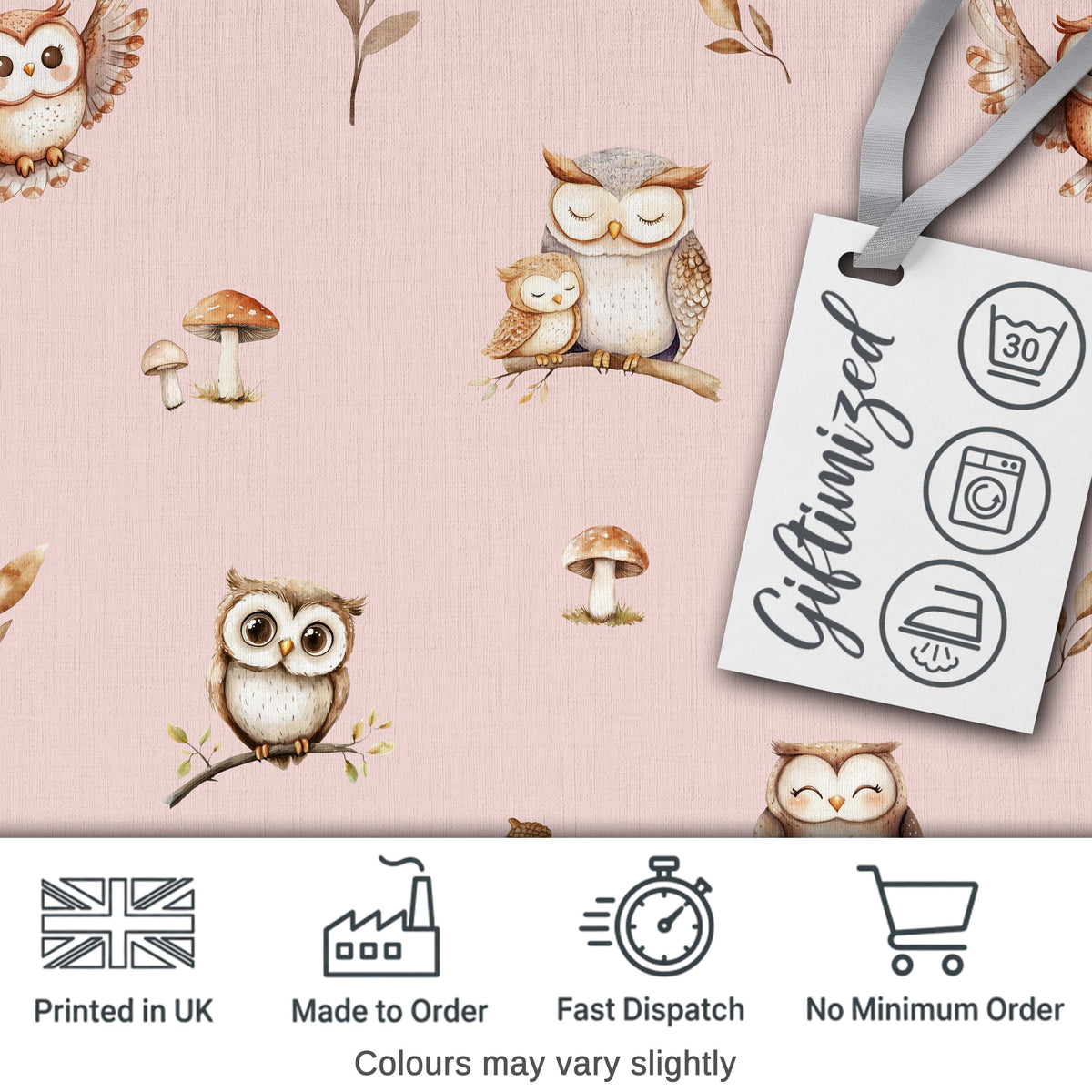 Cute Woodland Owls Mushrooms and Leaves Soft Blush Pink Background Digital Print Fabric by the Metre UK Sewing Quilting Textile