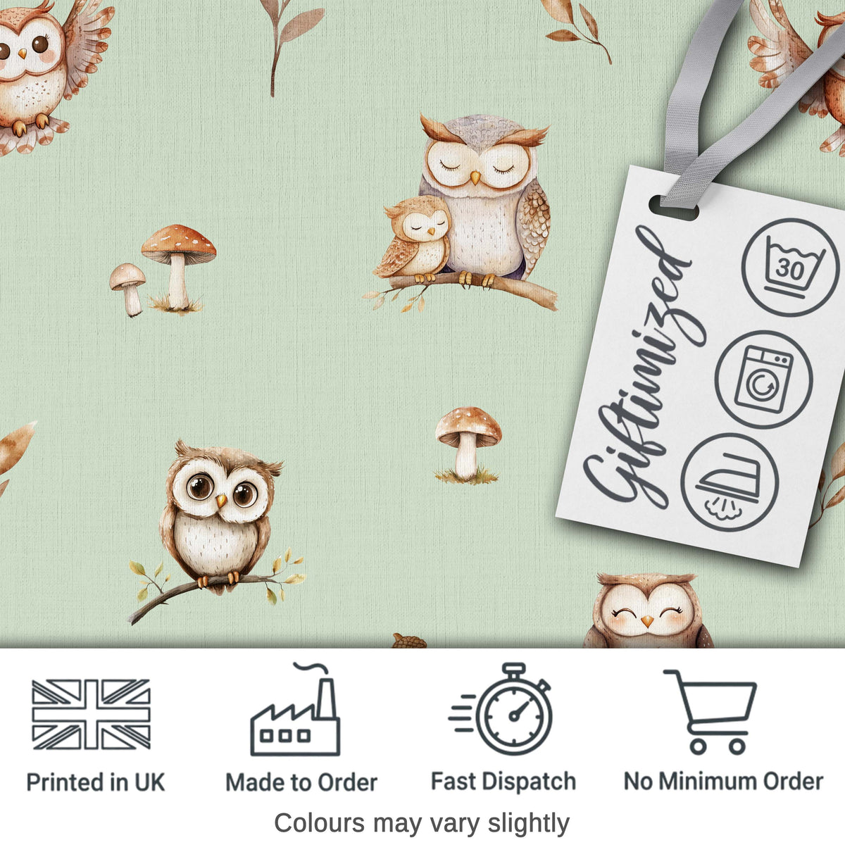 Cute Woodland Owls Mushrooms and Leaves Sage Green Background Seamless Pattern Digital Print Fabric by the Metre UK Sewing Quilting Textile