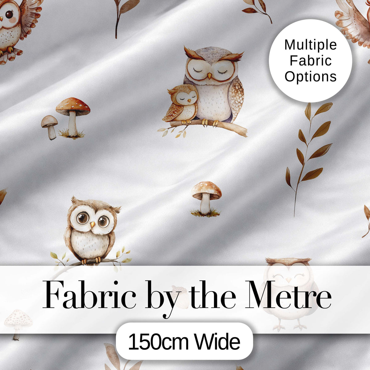 Cute Woodland Owls Mushrooms and Leaves Light Grey Background Seamless Pattern Digital Print Fabric by the Metre UK Sewing Quilting Textile
