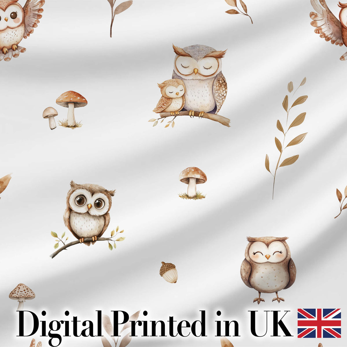 Cute Woodland Owls Mushrooms and Leaves Light Grey Background Seamless Pattern Digital Print Fabric by the Metre UK Sewing Quilting Textile