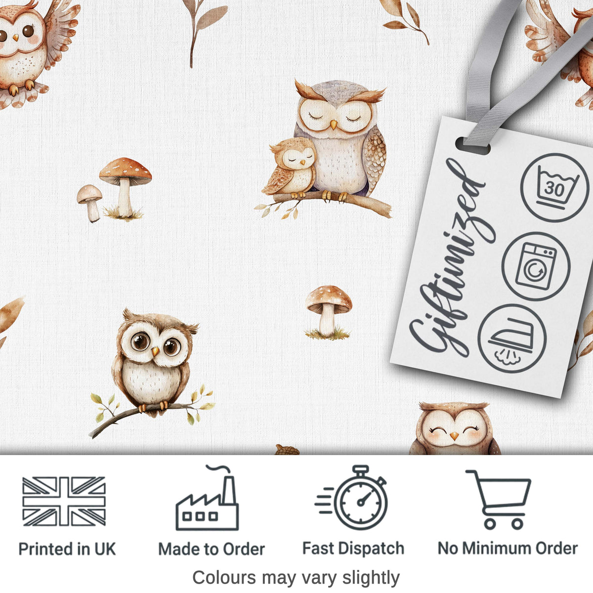 Cute Woodland Owls Mushrooms and Leaves Light Grey Background Seamless Pattern Digital Print Fabric by the Metre UK Sewing Quilting Textile