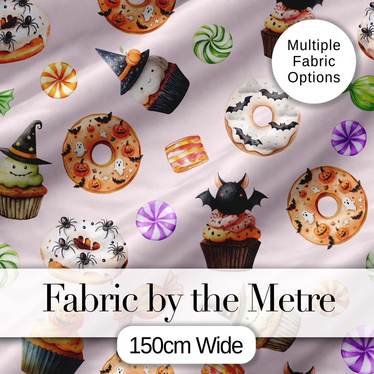 Cute Halloween Donuts Cupcakes Bats and Candy Soft Pink Background Digital Print Fabric by the Metre UK Sewing Quilting Textile