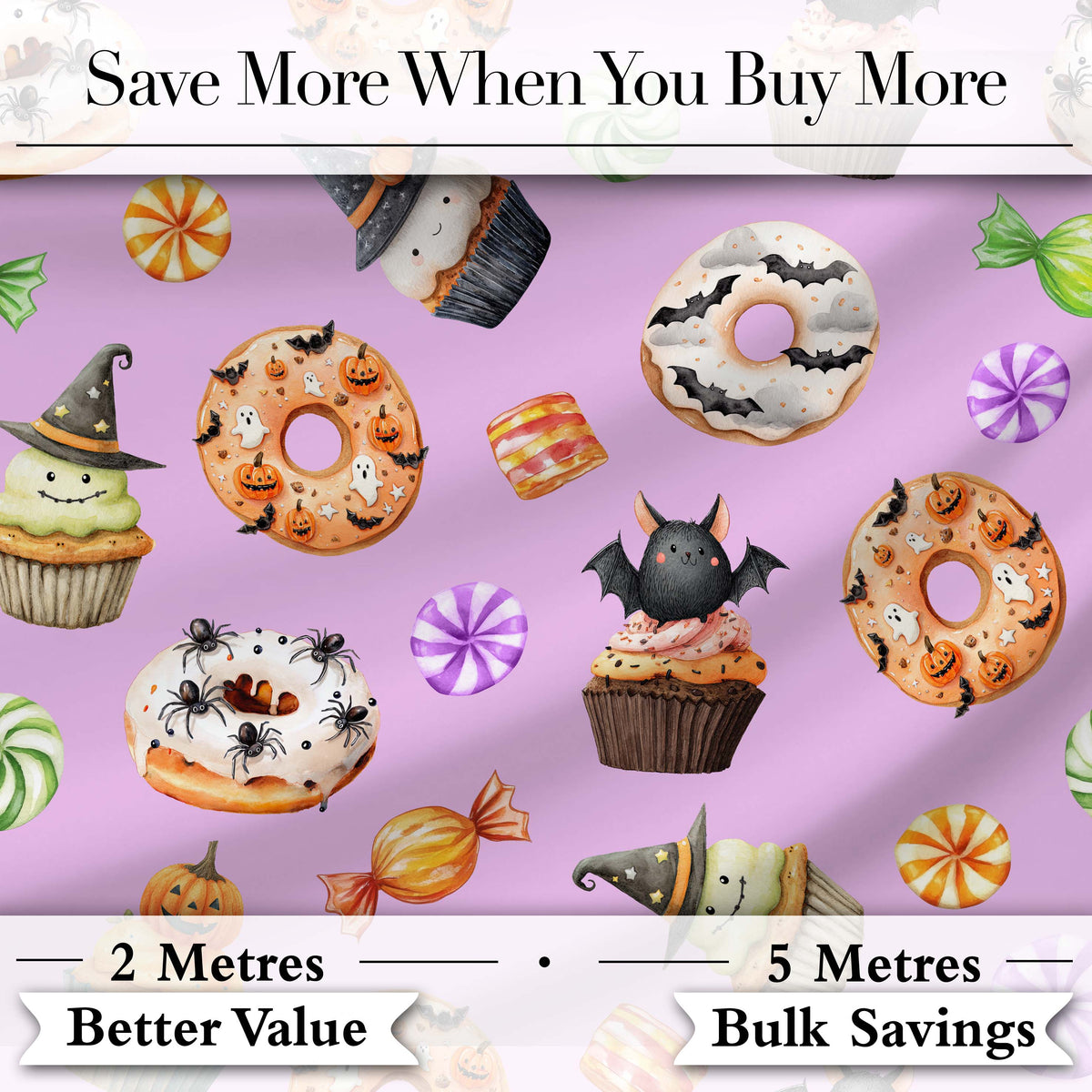 Cute Halloween Donuts Cupcakes Bats Candy and Pumpkins Background Digital Print Fabric by the Metre UK Sewing Quilting Textile