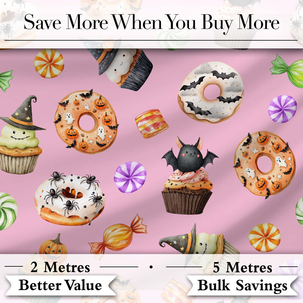 Cute Halloween Donuts Cupcakes Bats Candy and Pumpkins Pink Background Digital Print Fabric by the Metre UK Sewing Quilting Textile