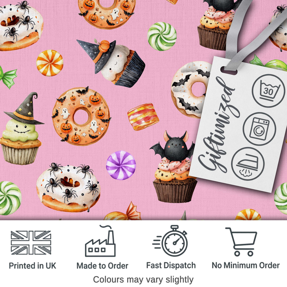 Cute Halloween Donuts Cupcakes Bats Candy and Pumpkins Pink Background Digital Print Fabric by the Metre UK Sewing Quilting Textile