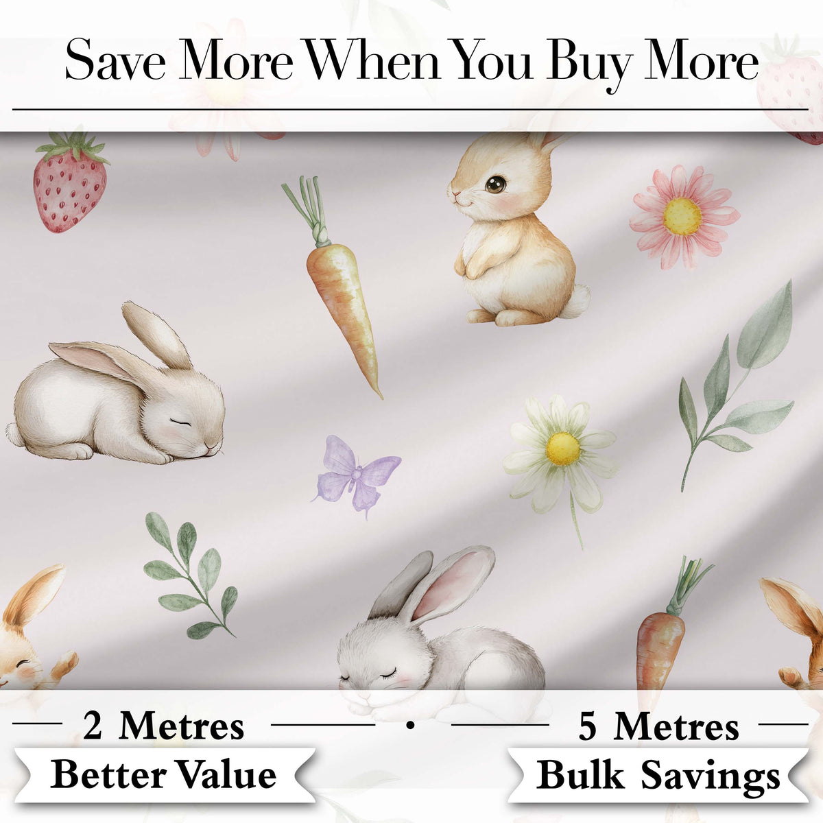 Bunny Rabbits with Flowers Carrots and Butterflies Soft Neutral Background Digital Print Fabric by the Metre UK Sewing Quilting Textile