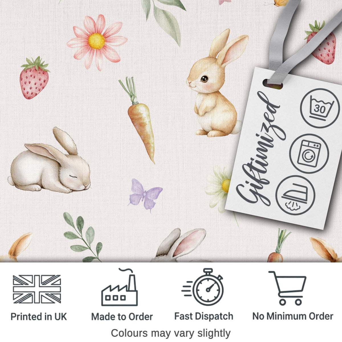 Cute Bunny Rabbits with Flowers Carrots and Butterflies Cream Background Digital Print Fabric by the Metre UK Sewing Quilting Textile