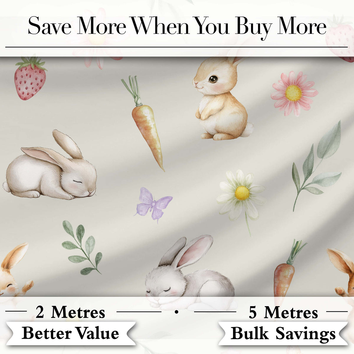 Bunny Rabbits with Flowers Carrots and Butterflies Light Cream Background Digital Print Fabric by the Metre UK Sewing Quilting Textile