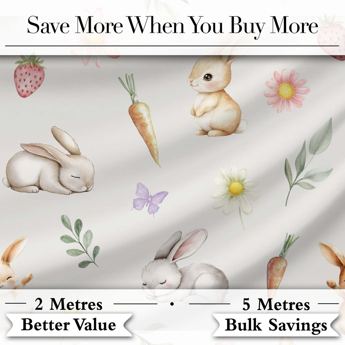 Cute Bunny Rabbits with Flowers Carrots and Butterflies Soft Grey Background Digital Print Fabric by the Metre UK Sewing Quilting Textile