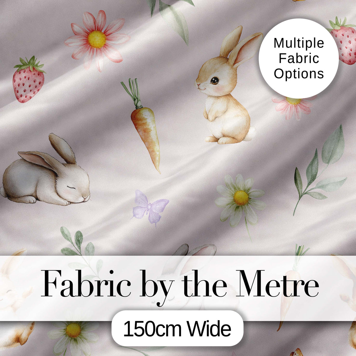 Cute Bunny Rabbits with Flowers Carrots and Butterflies Blush Pink Background Digital Print Fabric by the Metre UK Sewing Quilting Textile