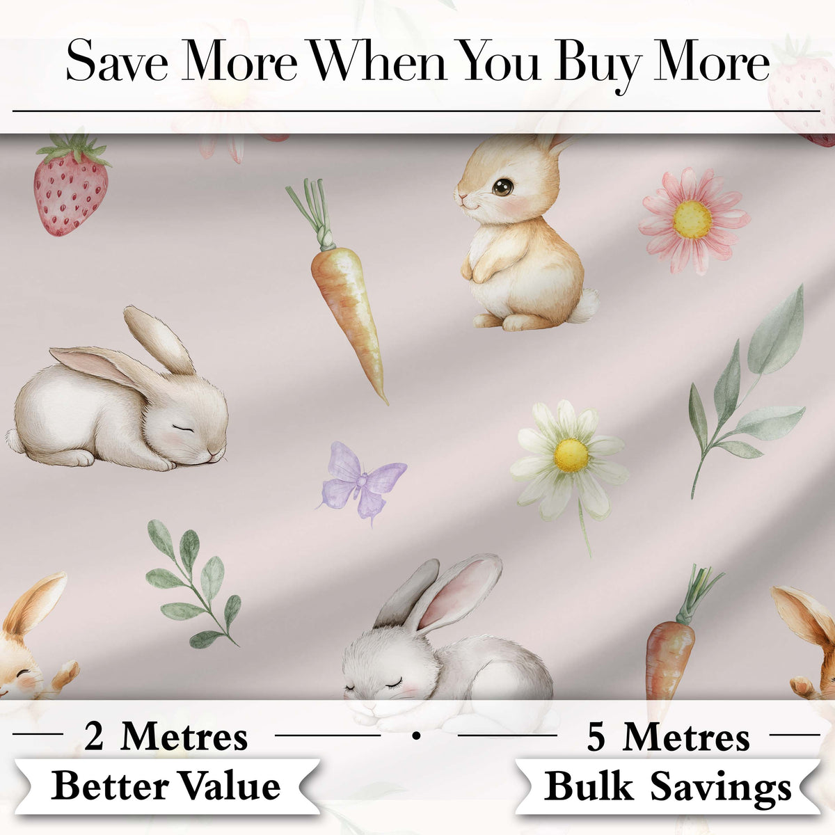 Cute Bunny Rabbits with Flowers Carrots and Butterflies Blush Pink Background Digital Print Fabric by the Metre UK Sewing Quilting Textile