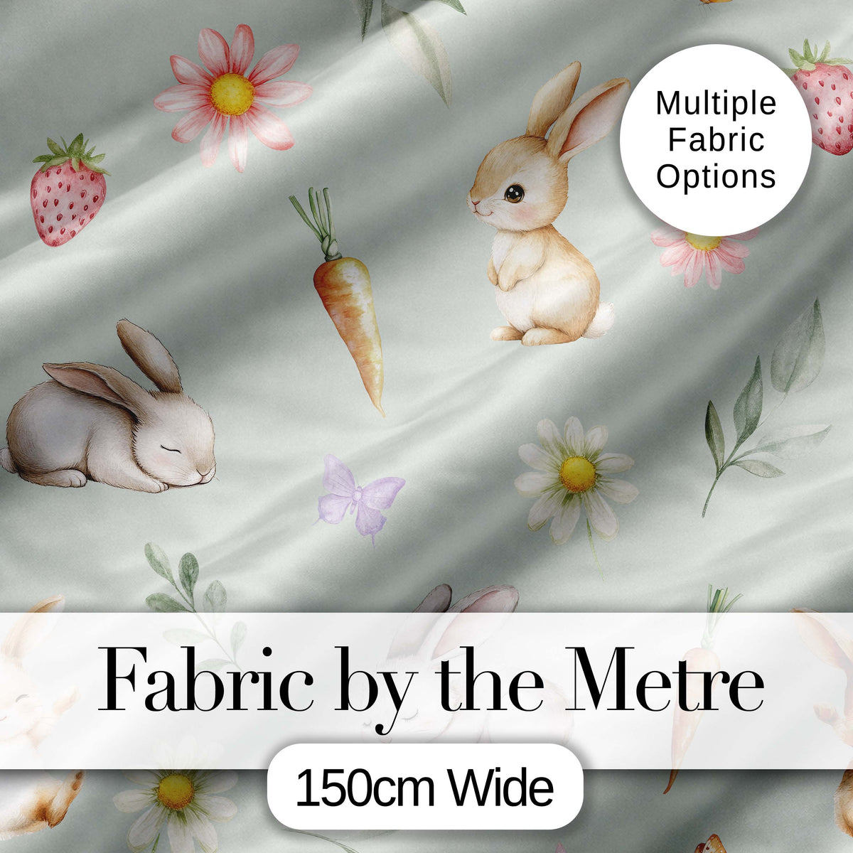 Cute Bunny Rabbits with Flowers Carrots and Butterflies Sage Green Background Digital Print Fabric by the Metre UK Sewing Quilting Textile