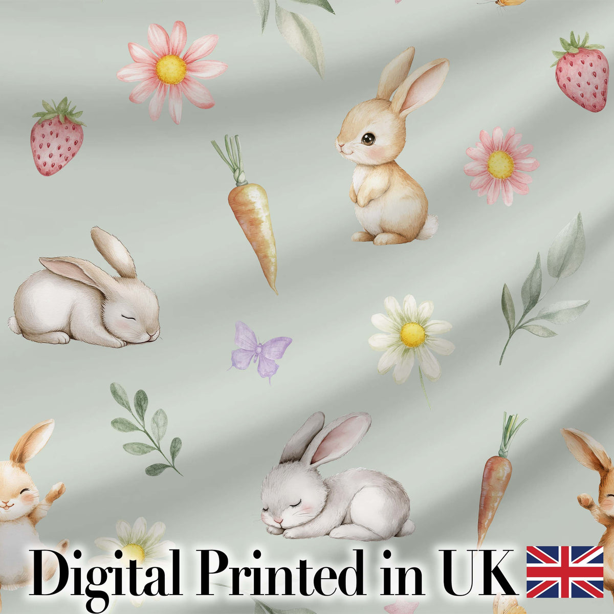 Cute Bunny Rabbits with Flowers Carrots and Butterflies Sage Green Background Digital Print Fabric by the Metre UK Sewing Quilting Textile