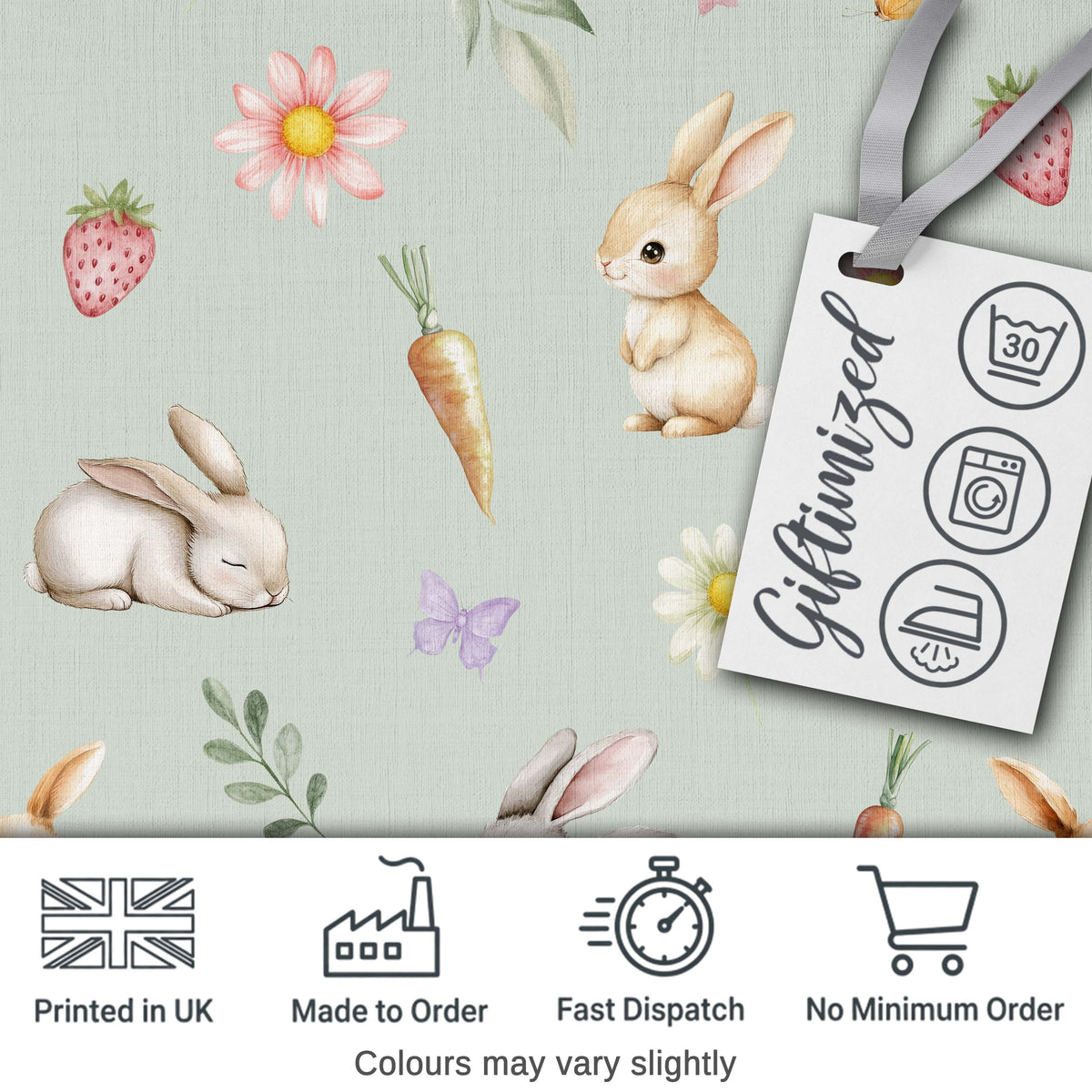 Cute Bunny Rabbits with Flowers Carrots and Butterflies Sage Green Background Digital Print Fabric by the Metre UK Sewing Quilting Textile